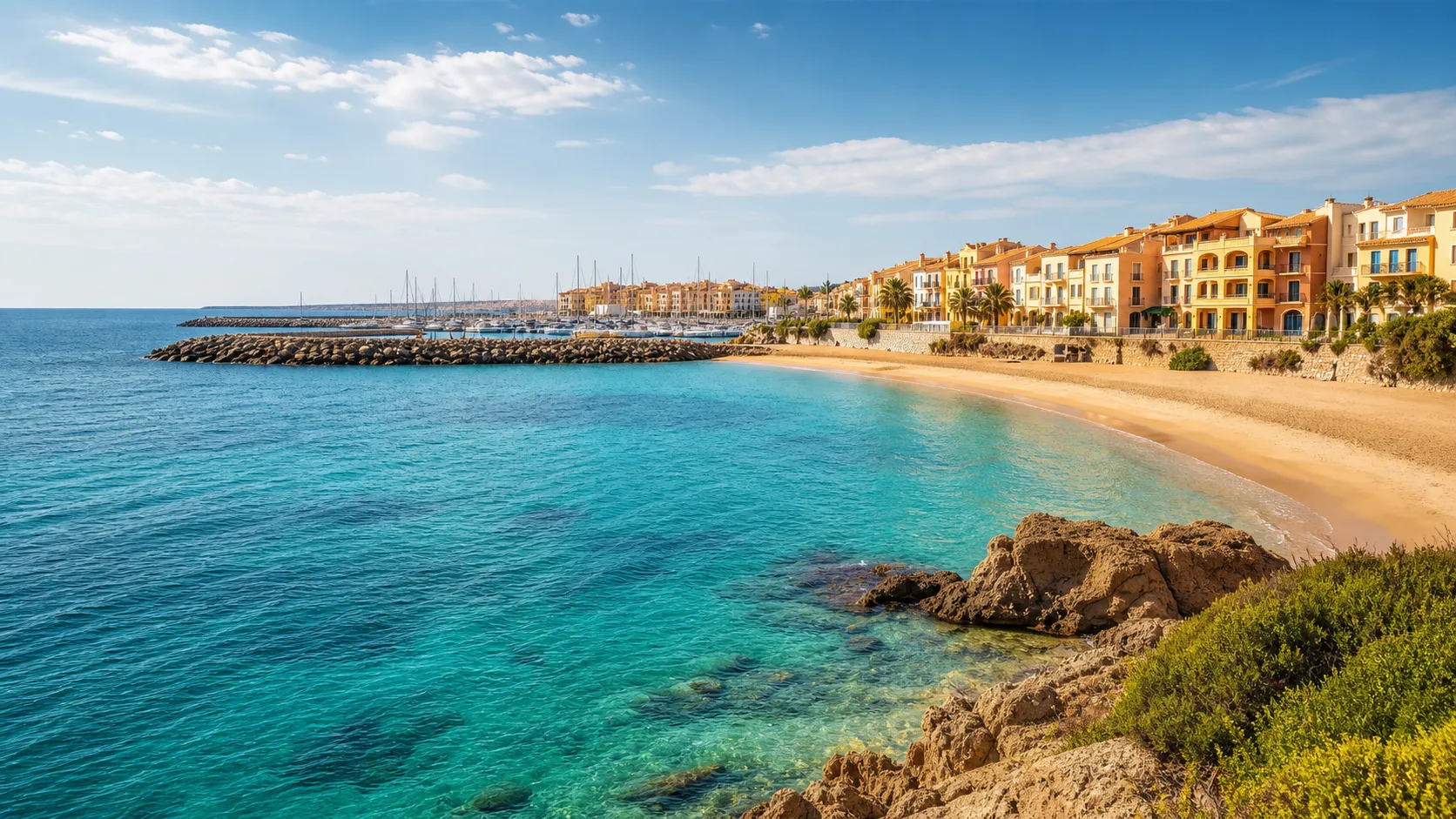 Praia mediterrânea em imagem editorial para guia de Cap d'Agde