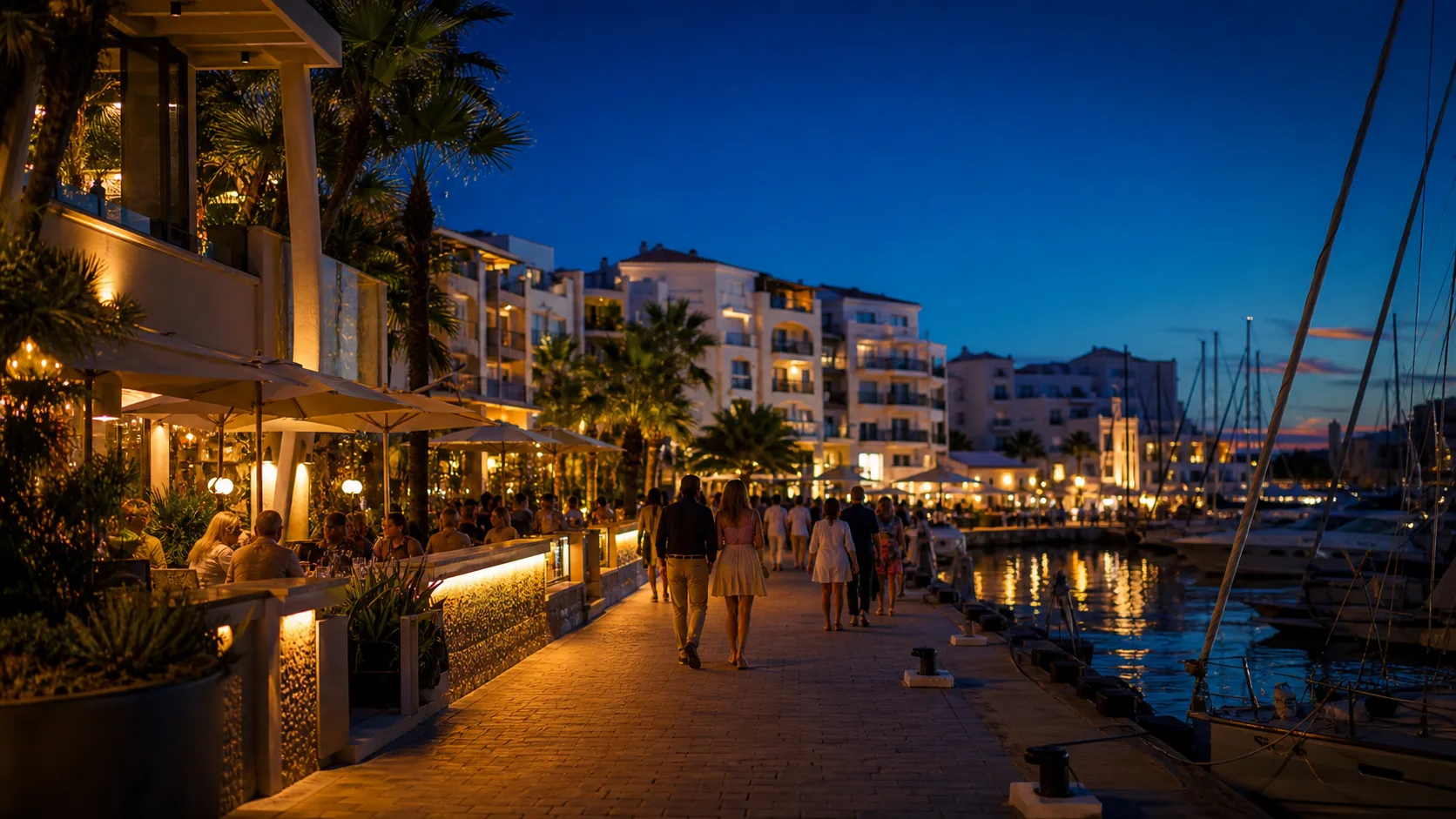 Vida noturna elegante em marina mediterrânea