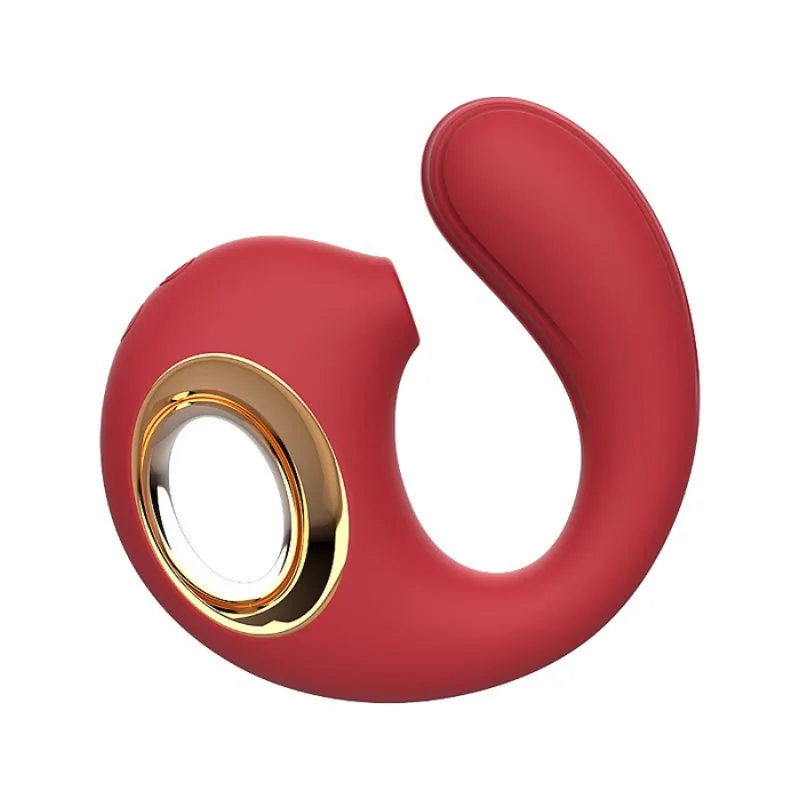 Vibrador híbrido vermelho com sugador e haste curva para comparar sugador e vibrador no mesmo produto
