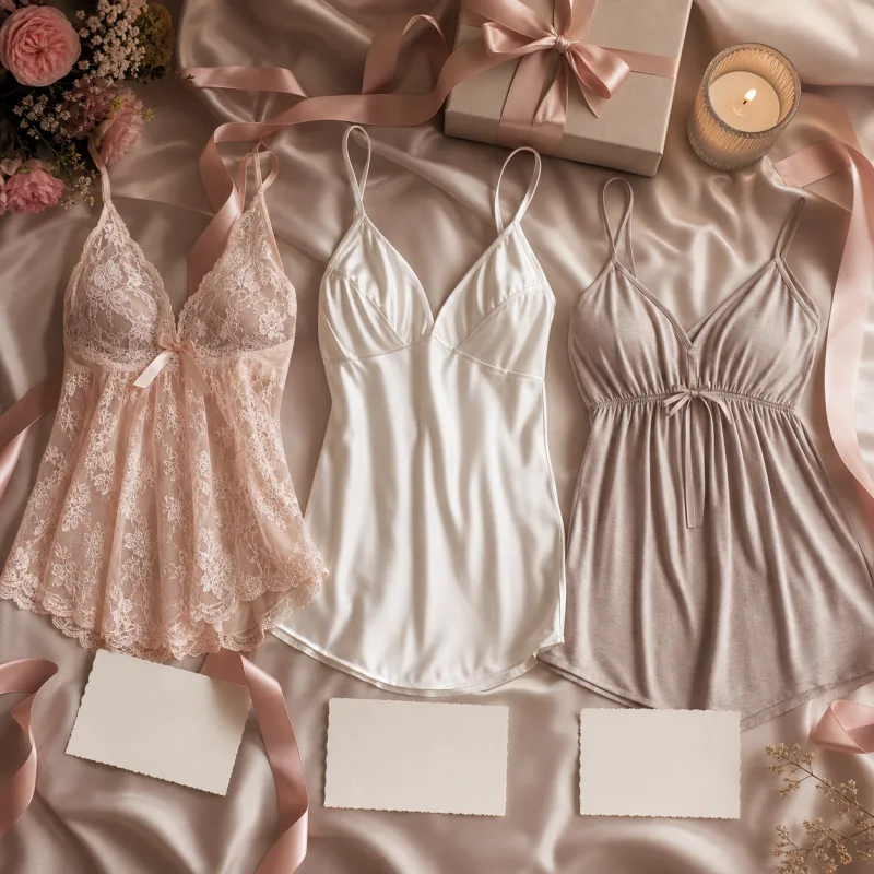 Três estilos de baby doll em flat lay com embalagem, vela e flores para comparar proposta de presente