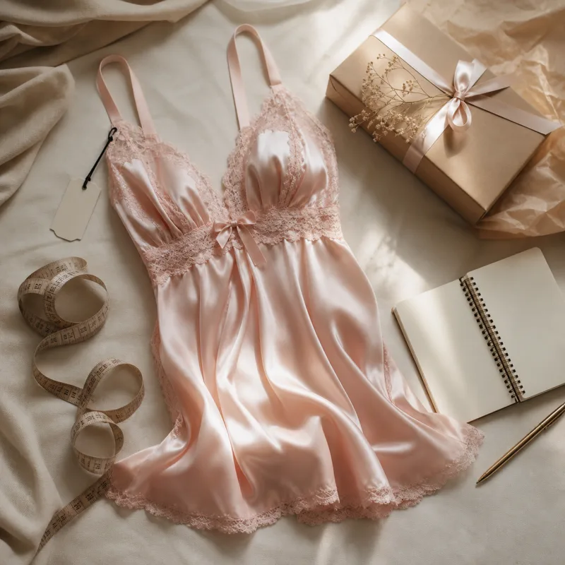 Baby doll rosé com fita métrica e embalagem de presente para conferir tamanho antes da compra