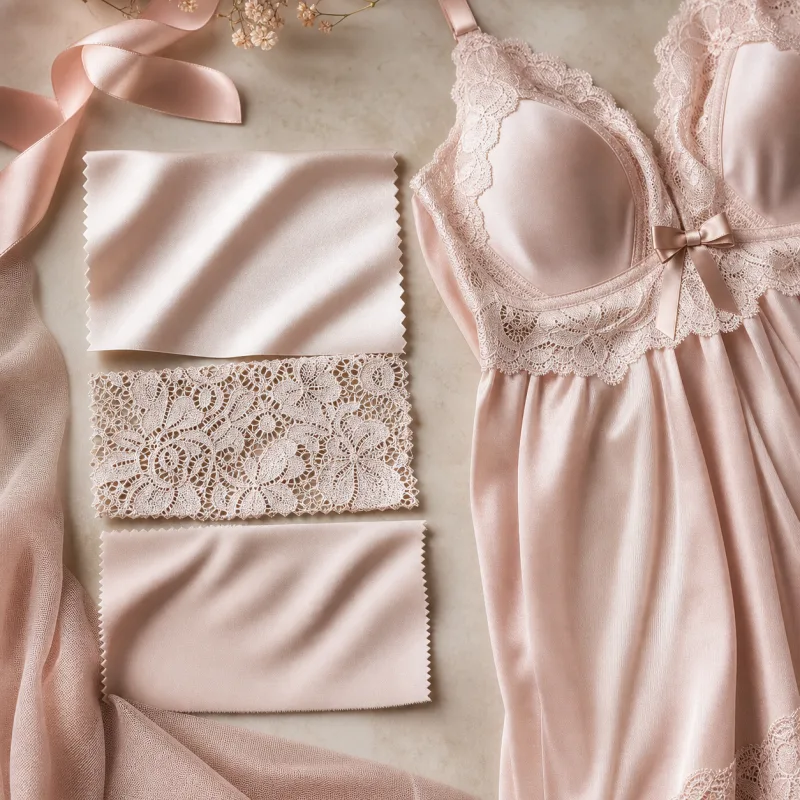 Baby doll rosé com amostras de renda e cetim para comparar tecido, toque e acabamento