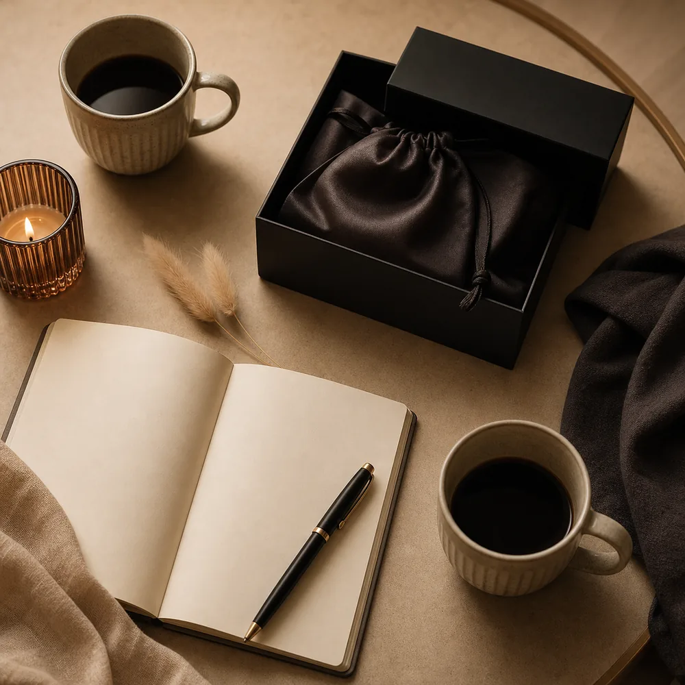 Mesa com duas xícaras, caderno em branco e caixa discreta para conversar sobre cinta peniana em casal