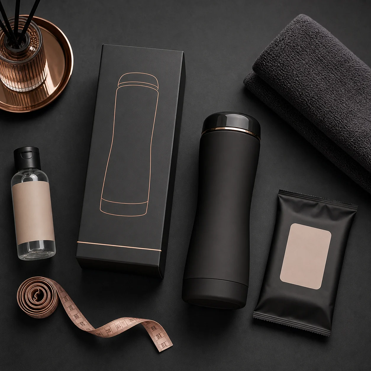 Flat lay discreto com produto adulto masculino, lubrificante, toalha e itens de higiene
