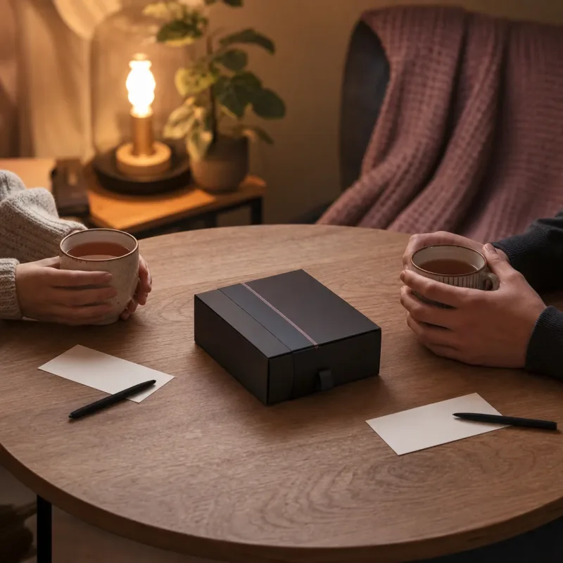Mesa com duas xícaras, cartões em branco e caixa de presente fechada simbolizando conversa e consentimento em casal