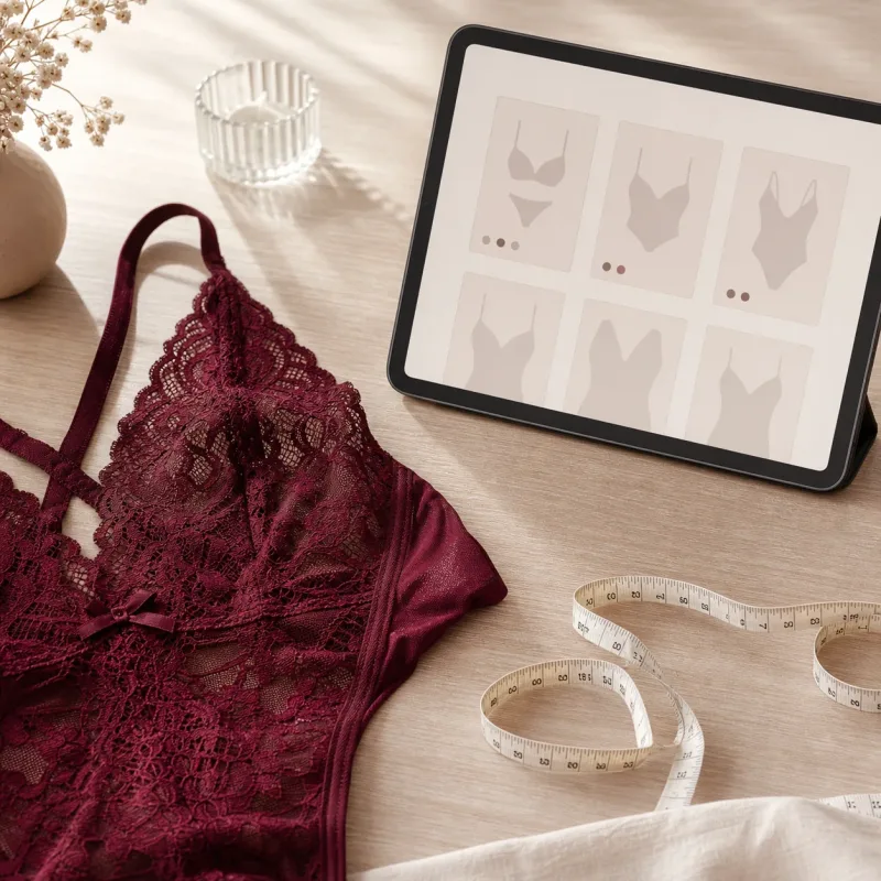 Lingerie dobrada com fita métrica e tela neutra para representar escolha de tamanho em compra online