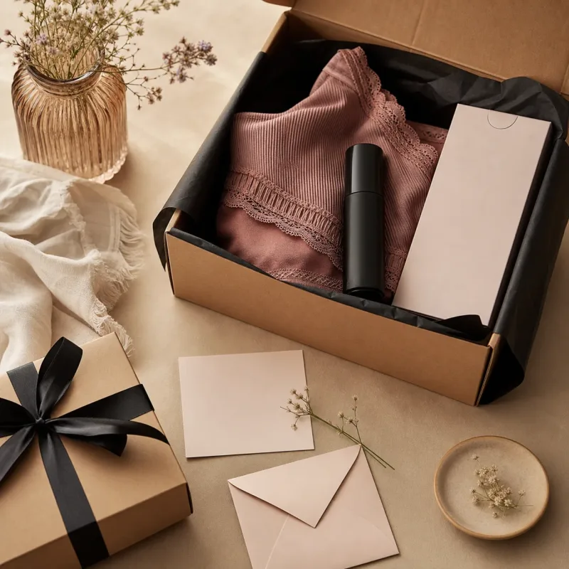 Itens discretos para primeira compra em sex shop com embalagem elegante e lingerie dobrada