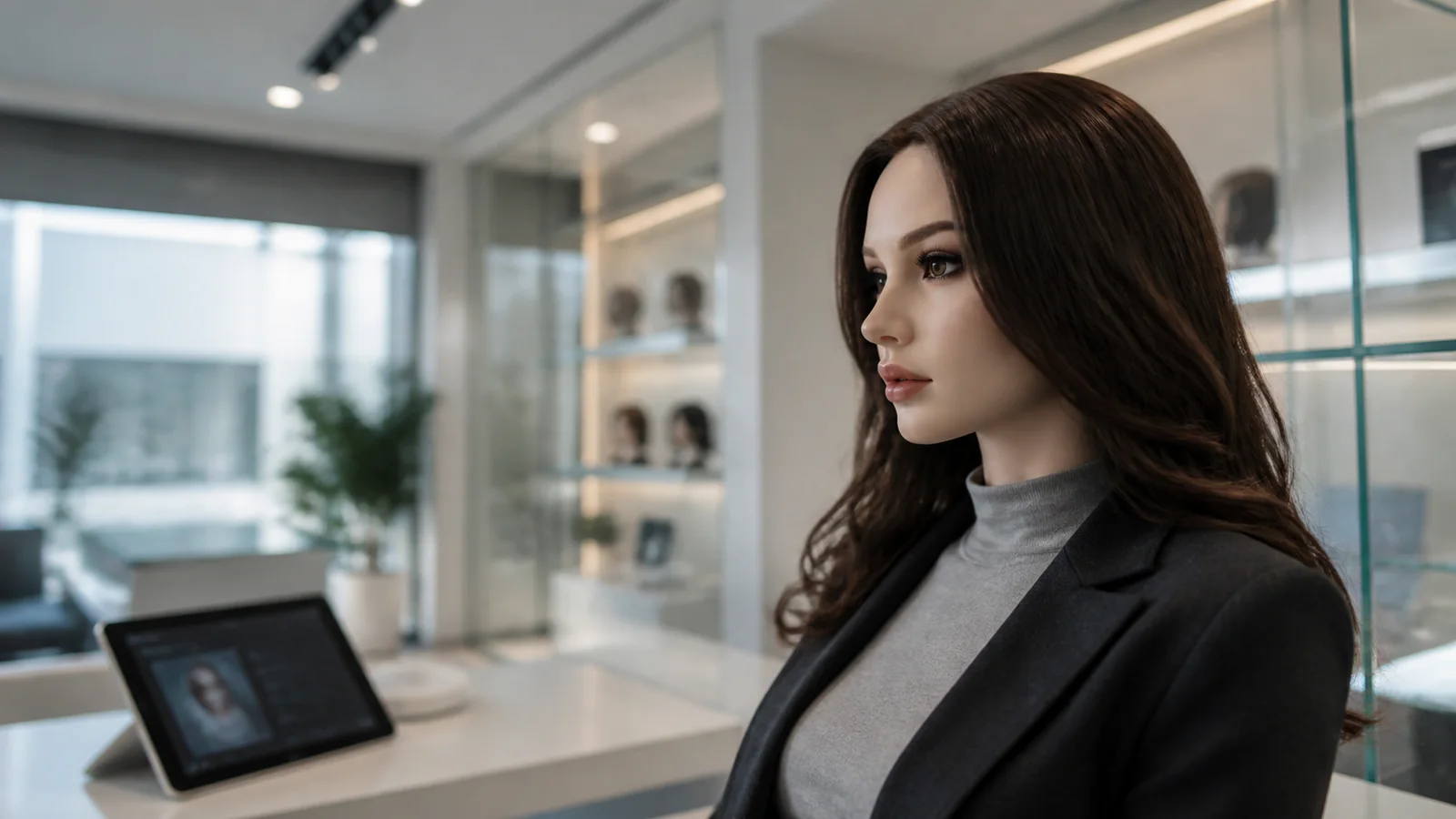 Imagem editorial de sex doll em showroom tecnológico europeu, com roupa discreta e ambiente clean