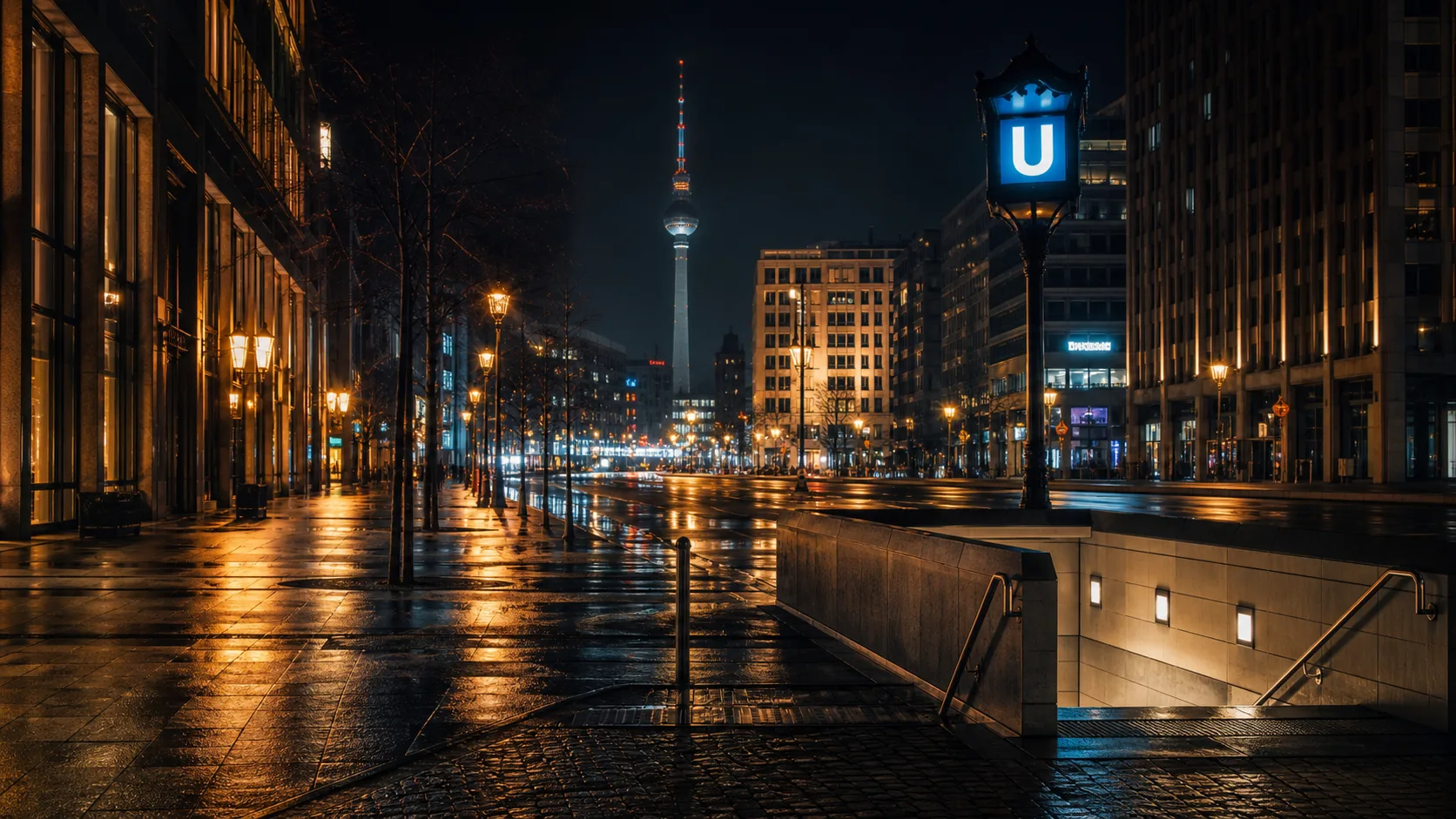 Imagem editorial de rua em Berlim à noite com Torre de TV ao fundo