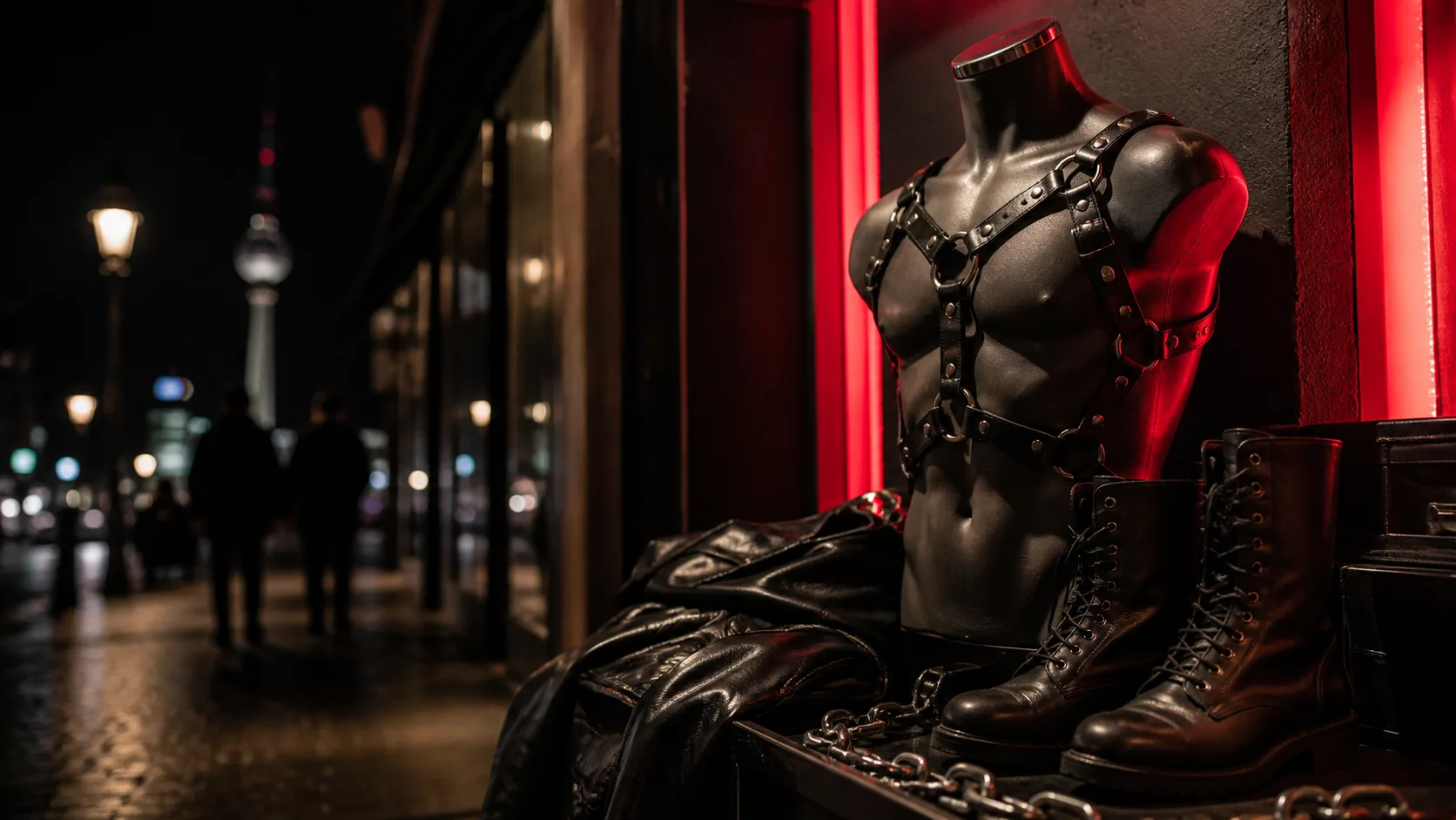 Imagem editorial de Berlim à noite com estética leather para artigo sobre Folsom Europe