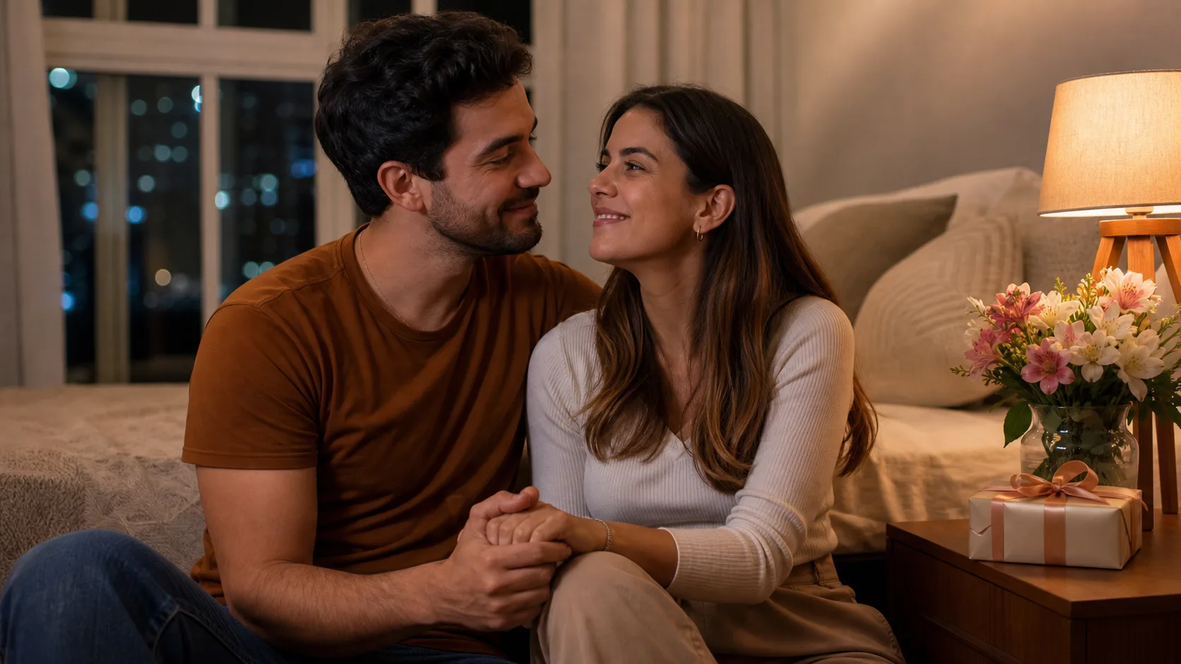 Casal adulto em momento romântico discreto com presente e clima intimista