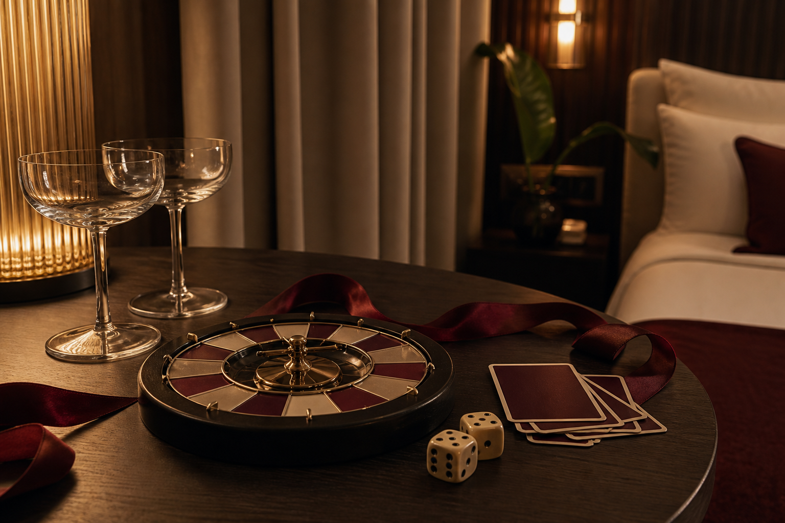 Composição editorial discreta com roleta sensual, cartas, dados e taças para jogos de casal