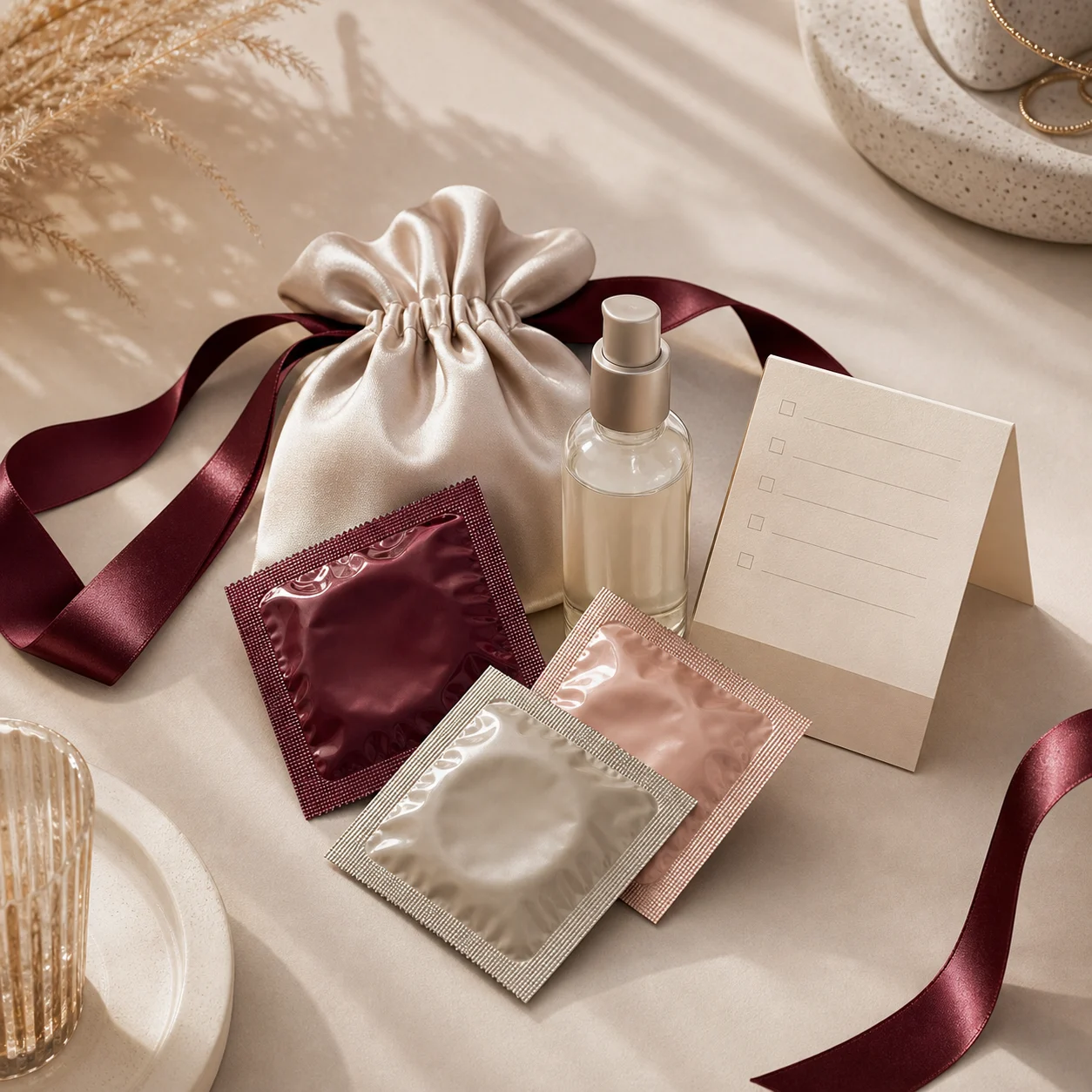Composicao editorial discreta com preservativos, lubrificante e itens para casal sobre uma mesa elegante