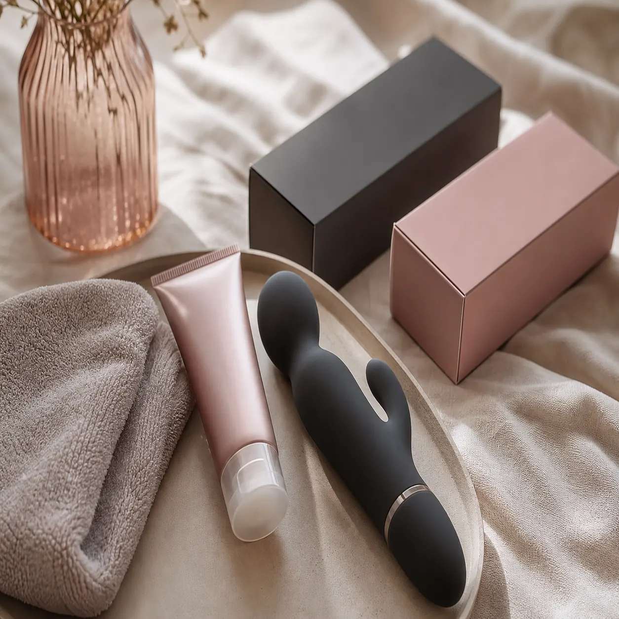 Composição editorial com vibrador, lubrificante e checklist de compatibilidade