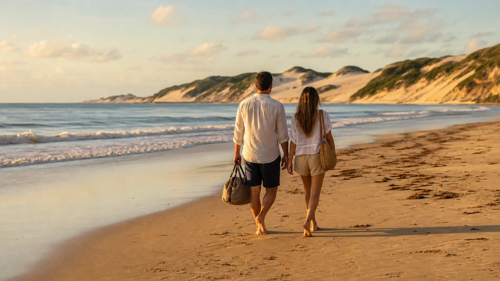 Casal adulto caminhando de costas em praia ampla do Nordeste com bolsa de viagem discreta