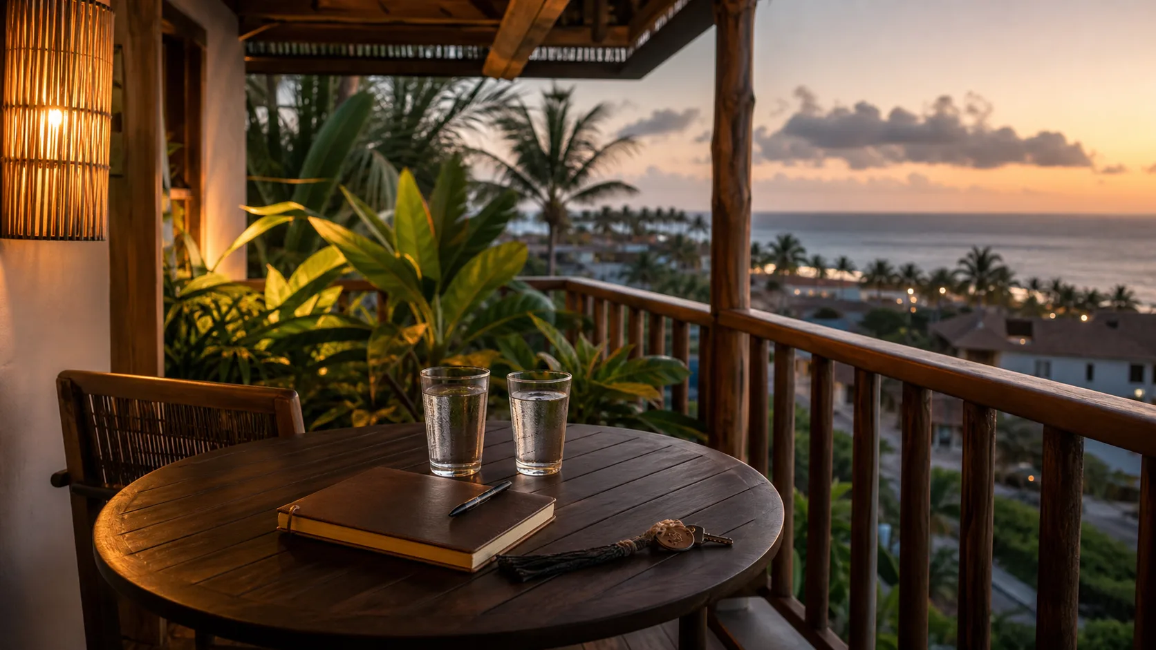 Varanda tranquila de pousada no Nordeste com caderno de viagem e ambiente reservado ao entardecer