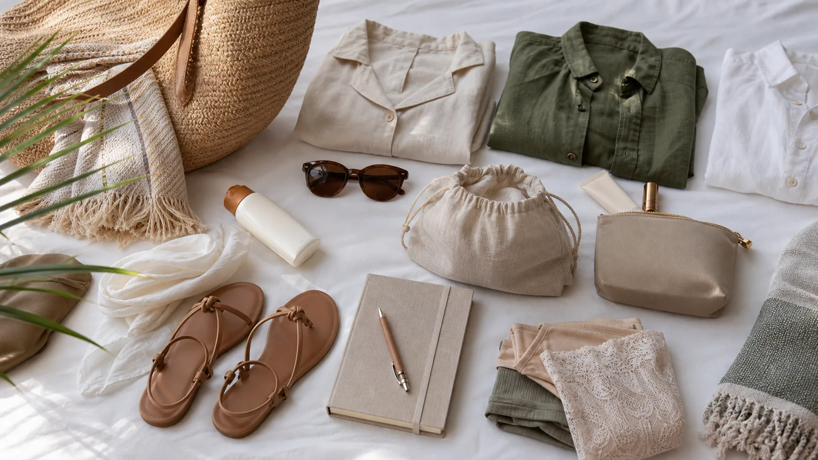 Mala discreta para casal com roupas leves, necessaire, protetor solar e organizacao de viagem