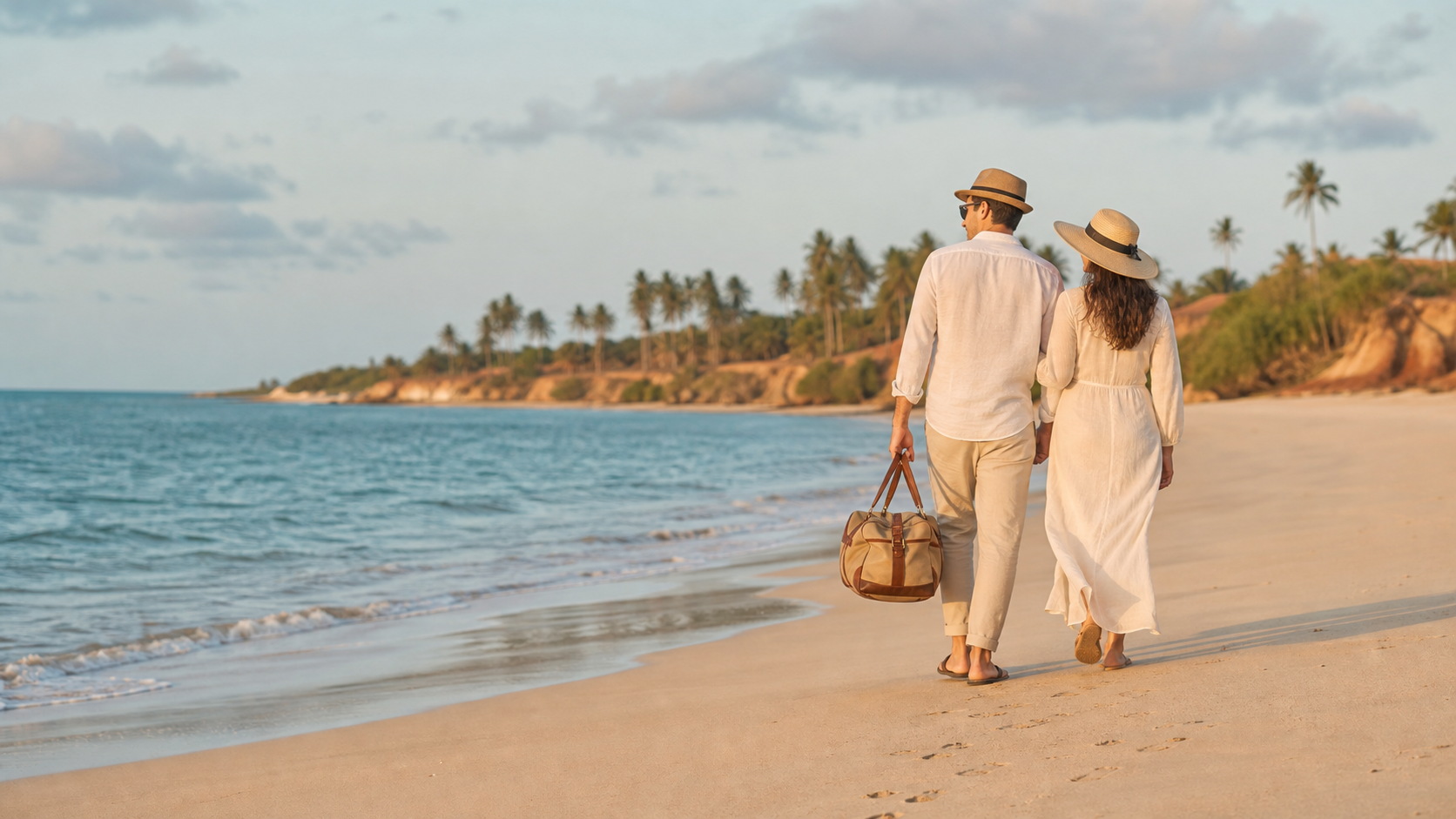 Casal adulto caminhando em praia do Nordeste em roteiro discreto com privacidade e planejamento