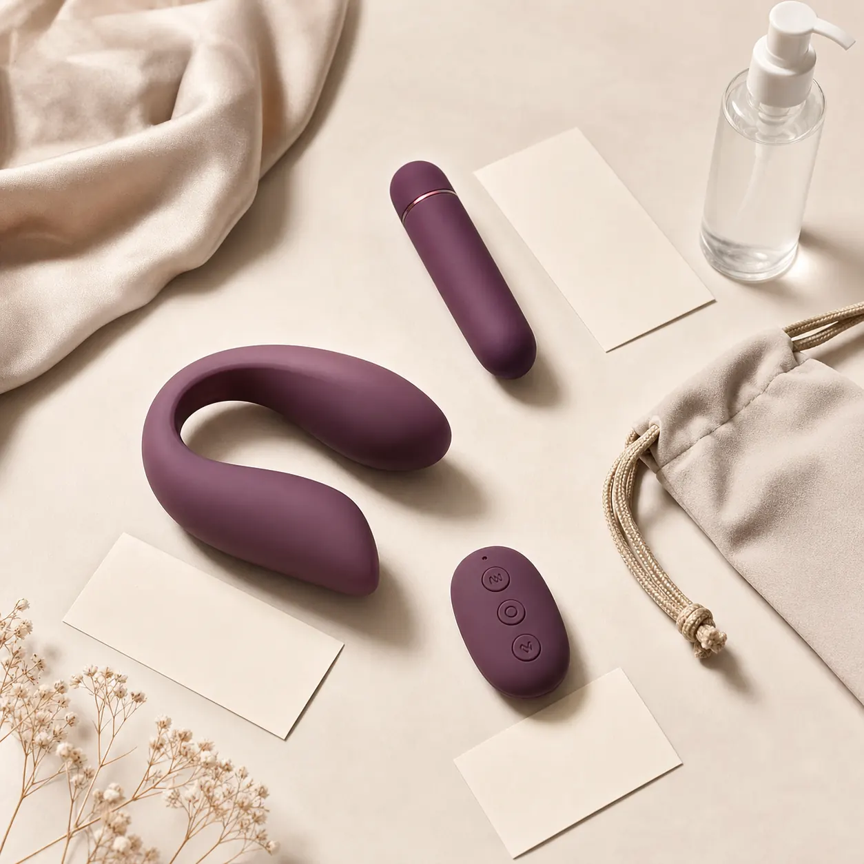 Comparação editorial entre vibrador compacto, vibrador para calcinha e controle remoto discreto