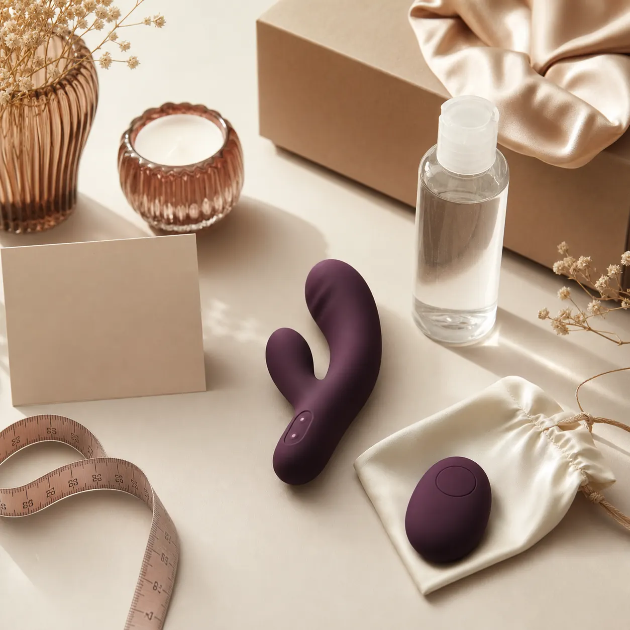 Flat lay editorial com vibrador para calcinha, controle remoto, lubrificante e pouch discreto