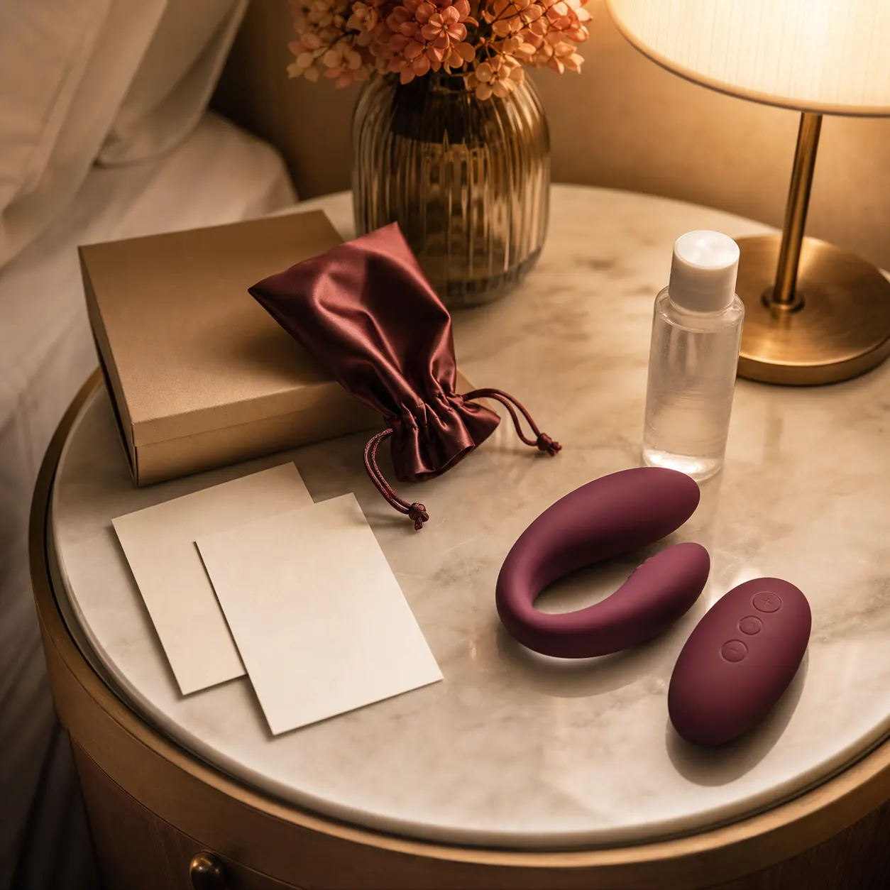 Cena editorial discreta com vibrador para calcinha, controle remoto, caixa neutra e acessórios de cuidado
